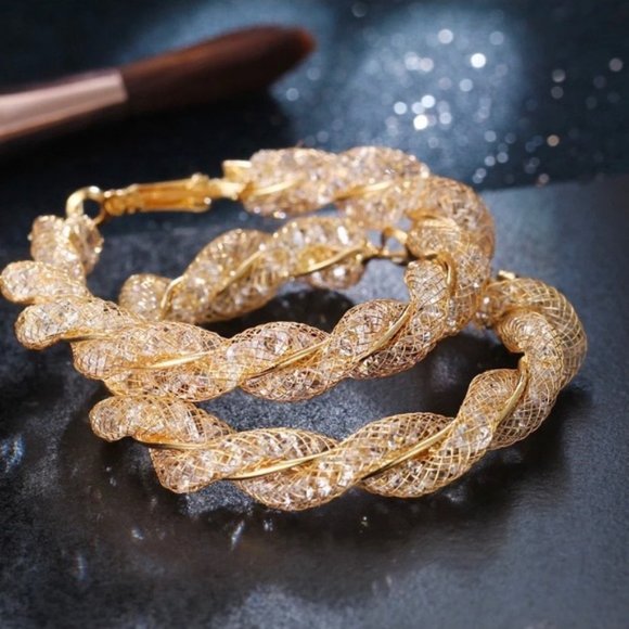 NEW 2'' Gold Braided 3D Diamond Hoop Earrings - Picture 4 of 4